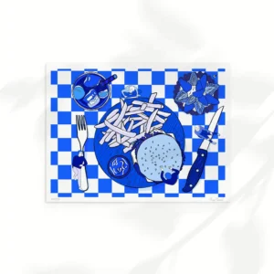 ffiche illustration burger et frites bleu et blanc par Marie Merveil, édition limitée 30x40 cm imprimée à Paris