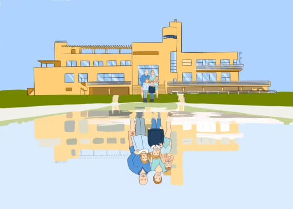 Illustration personnalisée d'une famille devant la Villa Cavrois avec reflet dans l'eau, portrait sur mesure par Marie Merveil.