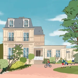 Illustration personnalisée d'une maison de maître avec des enfants jouant au vélo et au rugby dans le jardin, dessin style ligne claire par Marie Merveil.