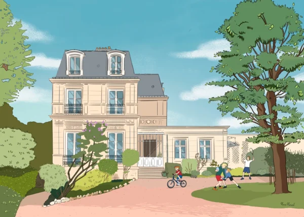 Illustration personnalisée d'une maison de maître avec des enfants jouant au vélo et au rugby dans le jardin, dessin style ligne claire par Marie Merveil.