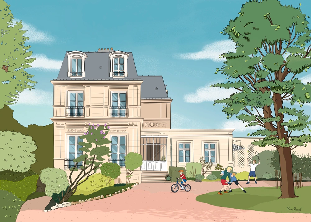 Illustration personnalisée d'une maison de maître avec des enfants jouant au vélo et au rugby dans le jardin, dessin style ligne claire par Marie Merveil.
