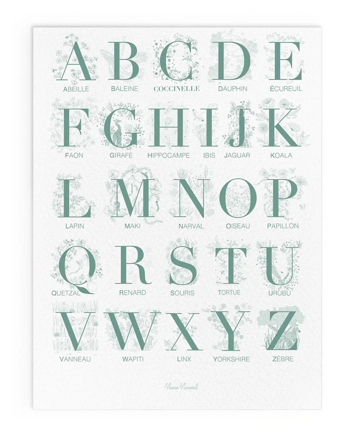 Affiche abécédaire minimaliste chambre enfant illustration verte