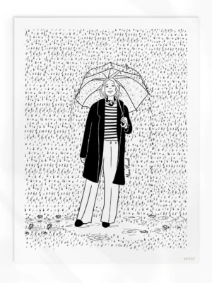 Illustration automne : femme avec parapluie sous la pluie