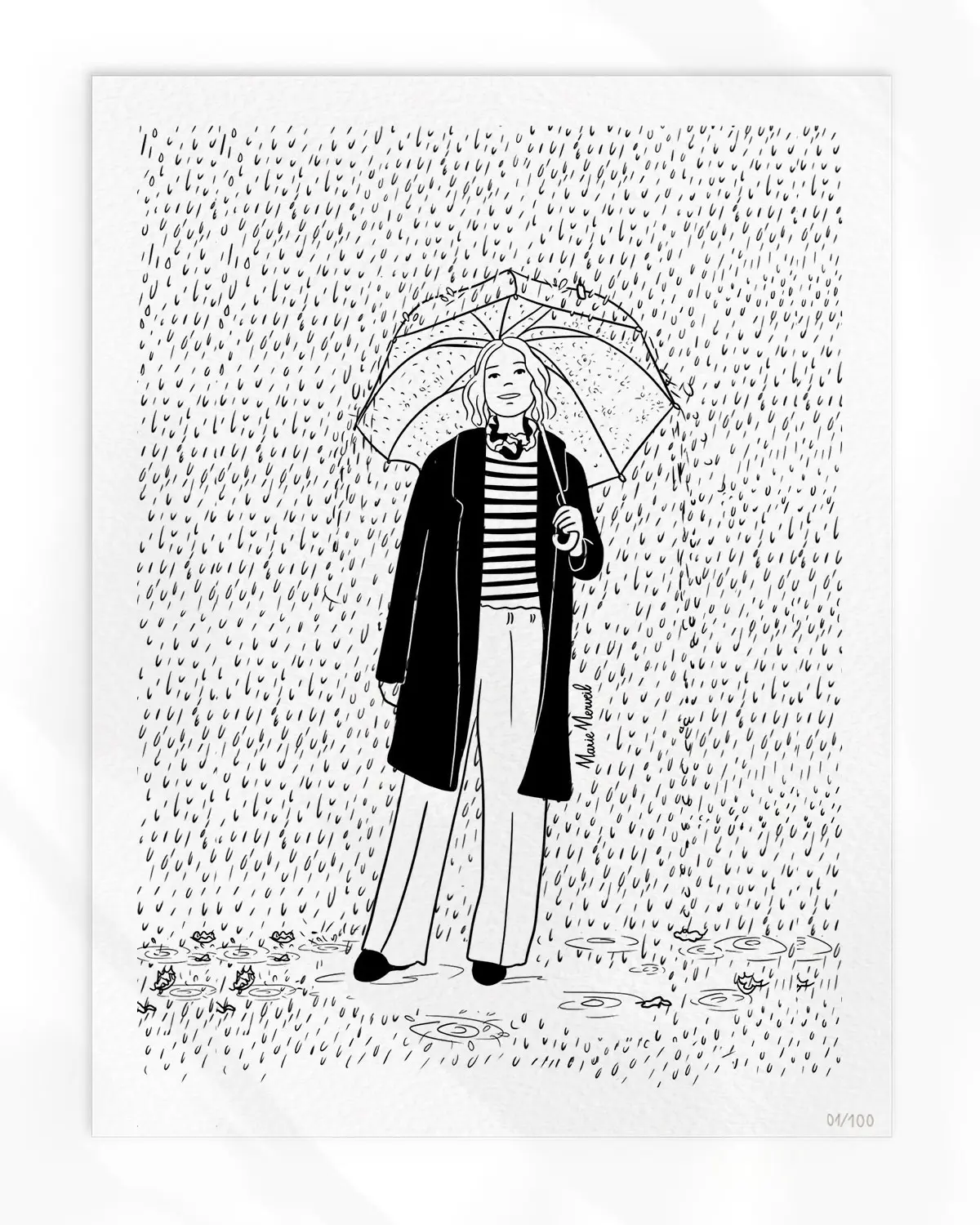 Illustration automne : femme avec parapluie sous la pluie