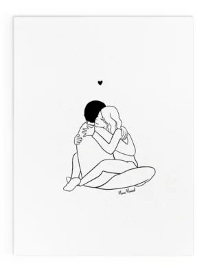 Affiche couple amoureux noir et blanc illustration câlin romantique A4 A3 décoration murale minimaliste