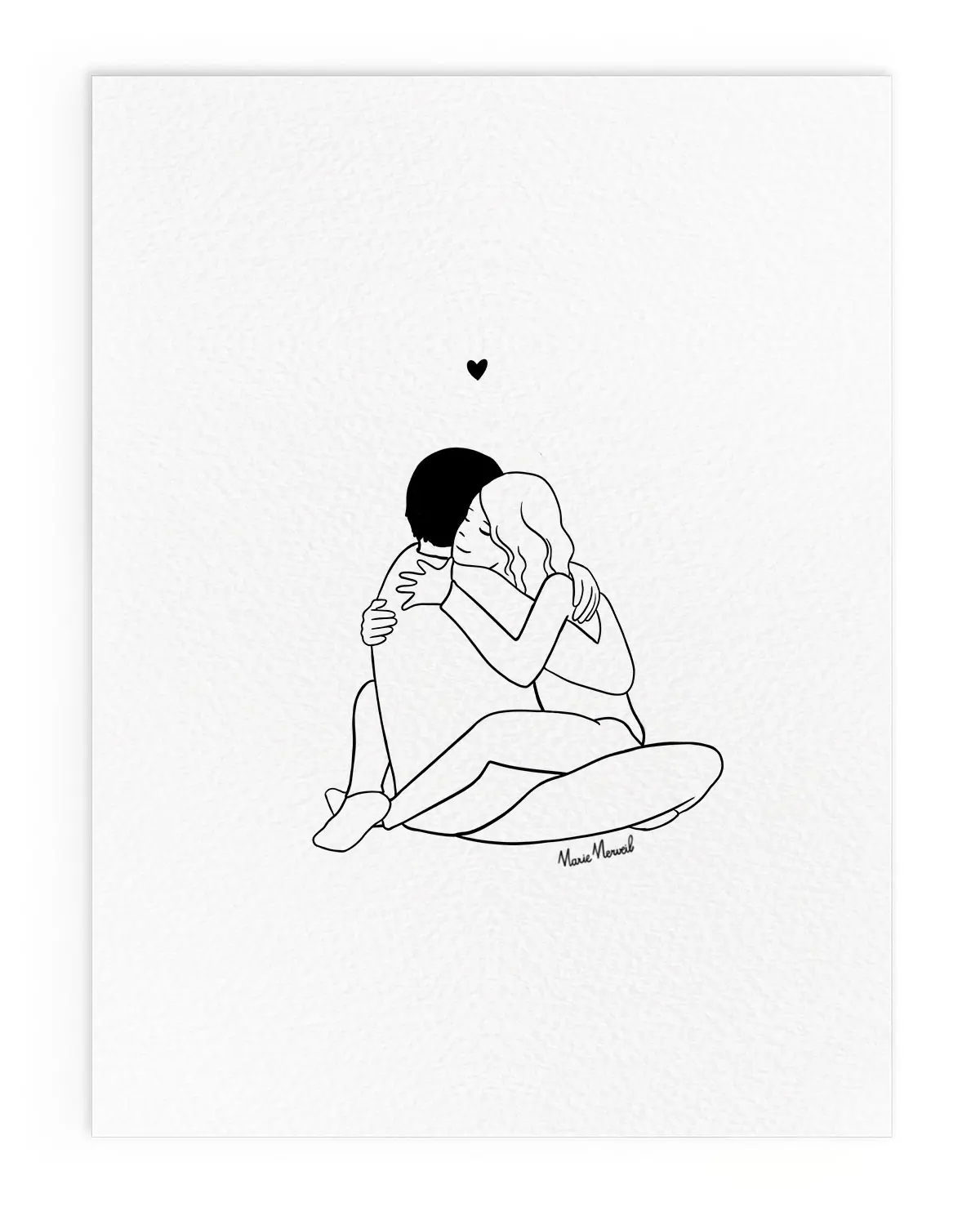 Affiche couple amoureux noir et blanc illustration câlin romantique A4 A3 décoration murale minimaliste
