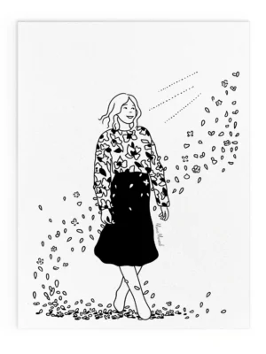 Illustration printemps femme avec pull fleuri entourée de pétales de fleurs de cerisier en mouvement, affiche poétique et décoration murale florale