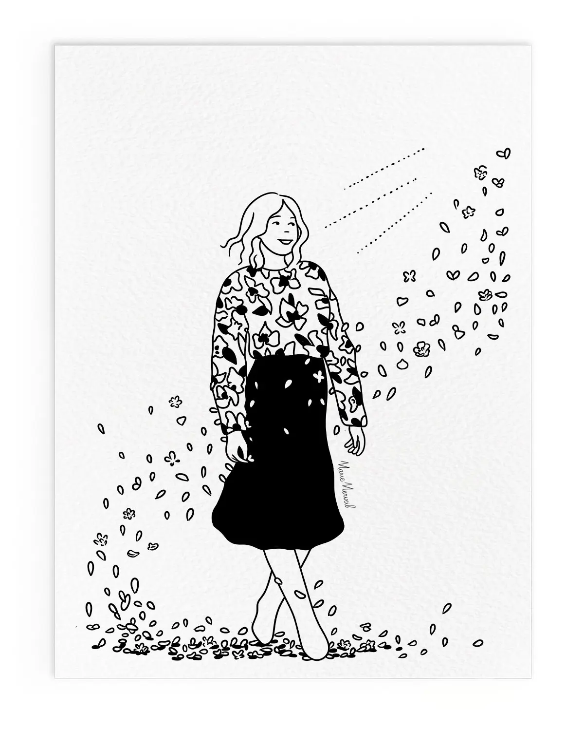 Illustration printemps femme avec pull fleuri entourée de pétales de fleurs de cerisier en mouvement, affiche poétique et décoration murale florale