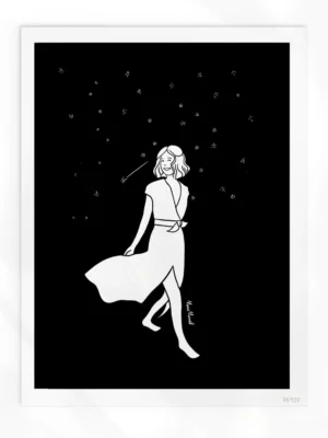 Illustration noir et blanc été nuit femme poétique affiche artistique décoration murale