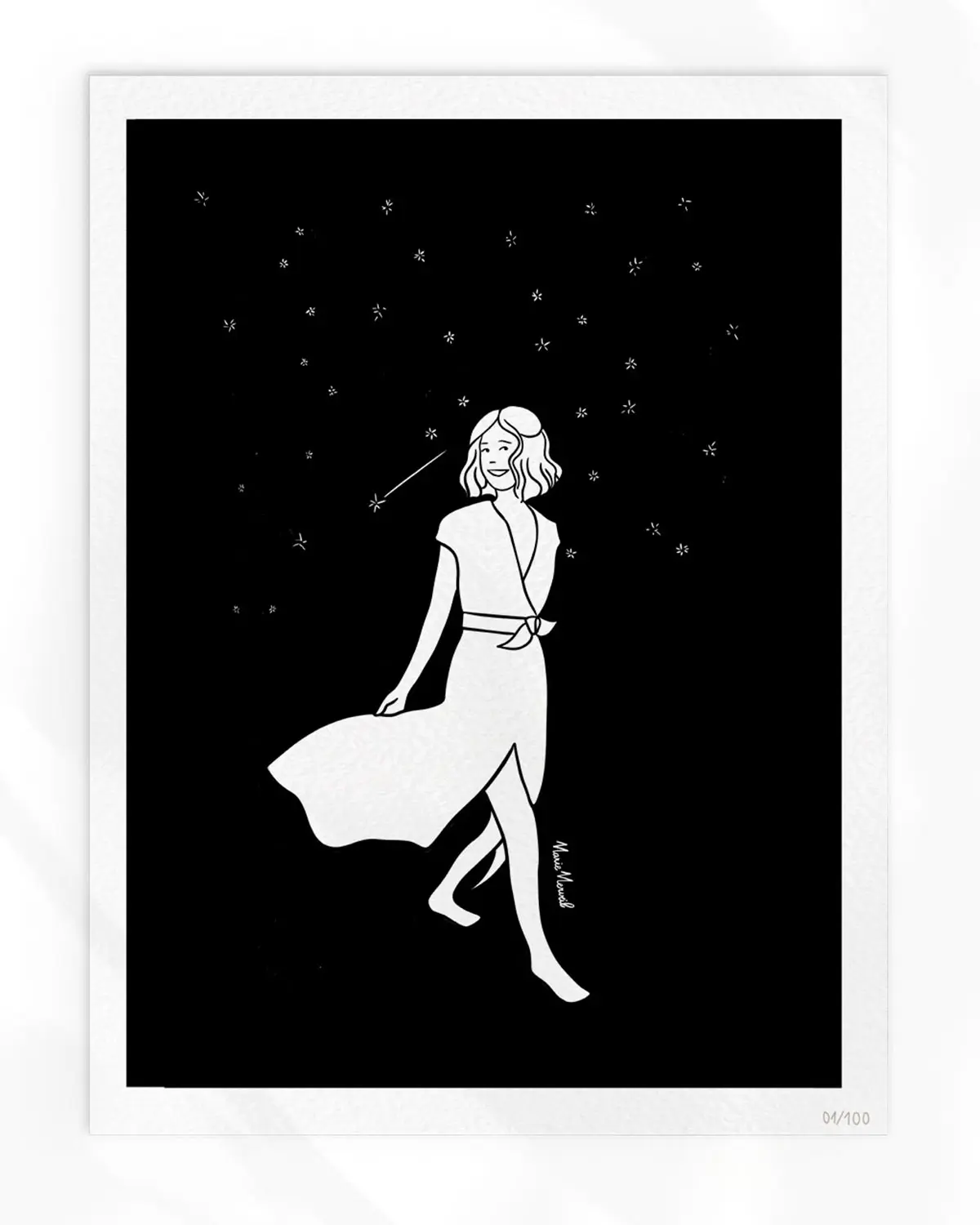 Illustration noir et blanc été nuit femme poétique affiche artistique décoration murale