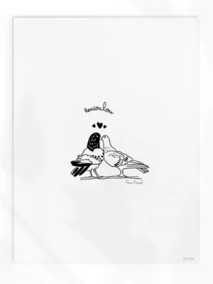 Illustration romantique en noir et blanc de deux pigeons qui se font un bisou et roucoulent, symbole de tendresse et d’amour.