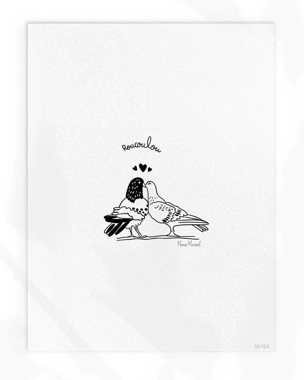 Illustration romantique en noir et blanc de deux pigeons qui se font un bisou et roucoulent, symbole de tendresse et d’amour.