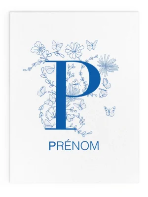 Affiche prénom personnalisée enfant lettre initiale bleue décoration chambre bébé