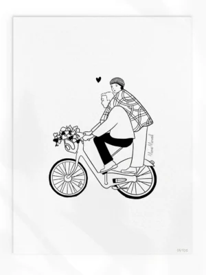 Couple amoureux en vélo Vélib’ à Paris, flânant le long des rues parisiennes avec la Tour Eiffel en arrière-plan, style illustration romantique et moderne.